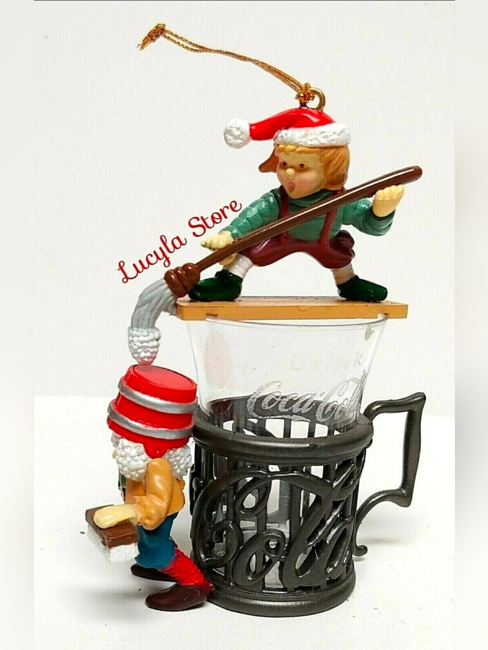 VTG Coca-Cola Glass Ornament Christmas Elves Fountain Cup Holder Rare